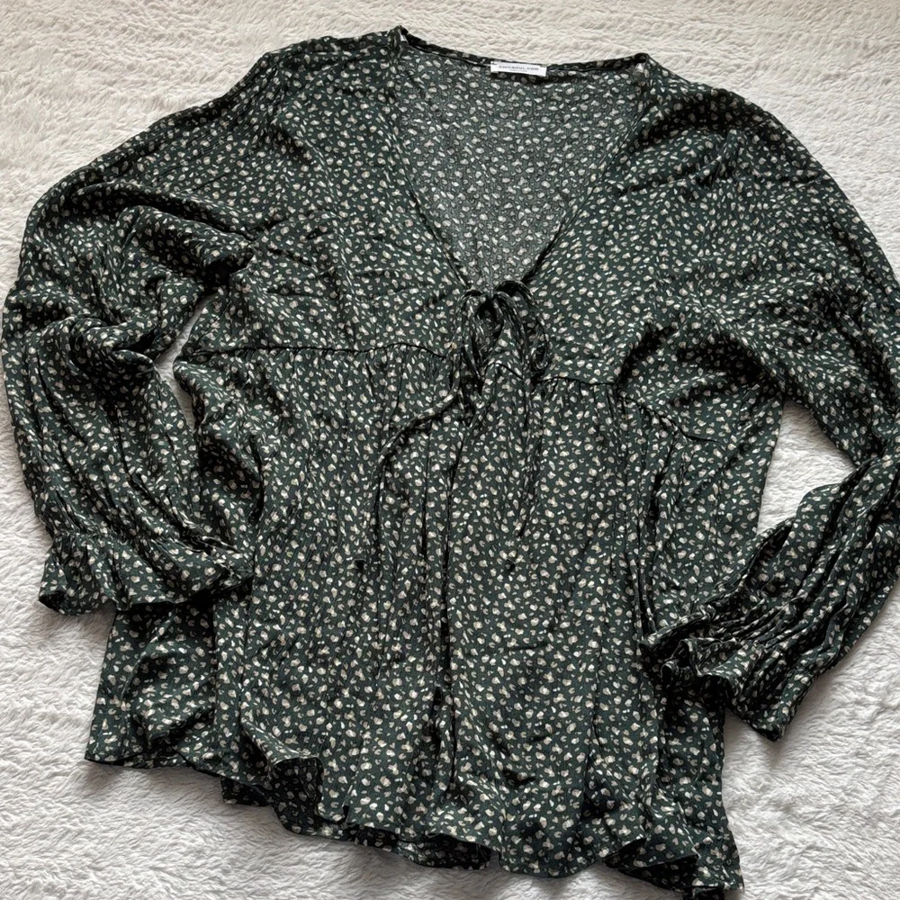 Chic Soul Dark Green Floral Tie-Front Blouse - Picture 1 of 8
